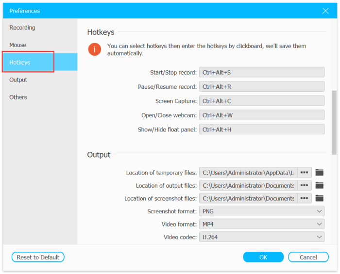 Paramètres des raccourcis clavier dans les préférences