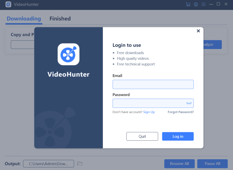 VideoHunter Login Window