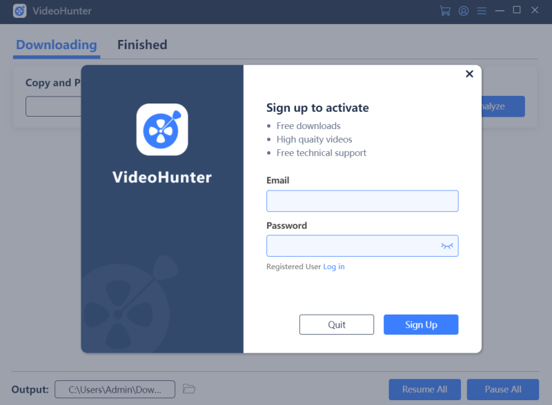 VideoHunter Registration Window