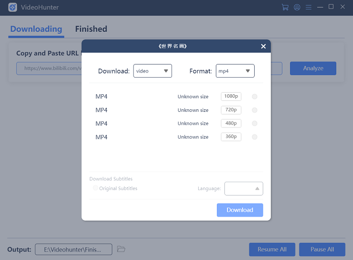 Choose Bilibili Output Format VideoHunter