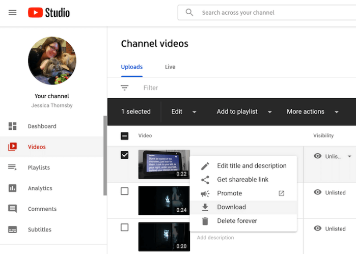 Select to Download Your Own Private Video in YouTube Studio