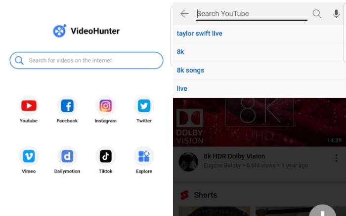 Start VideoHunter voor Android en zoek video op YouTube