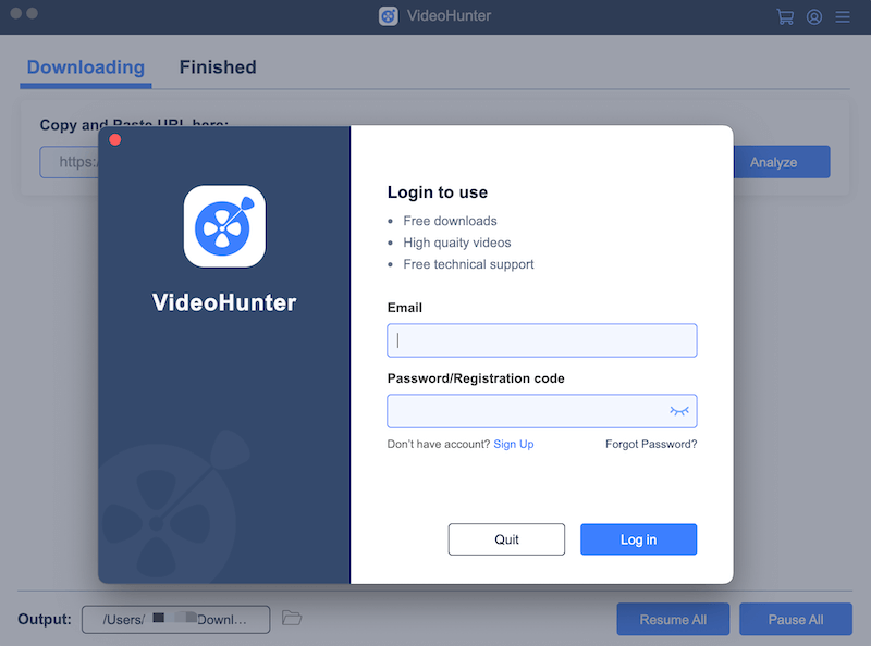 VideoHunter にログインしてダウンローダにアクセスする