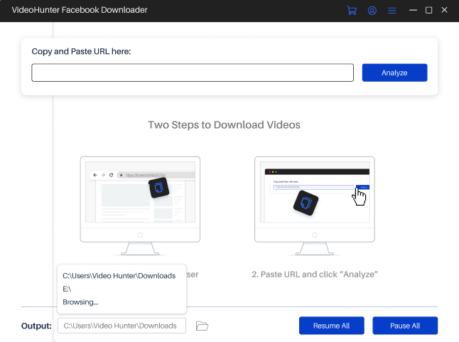 VideoHunter Facebook ダウンローダーのメイン インターフェイスにアクセスする