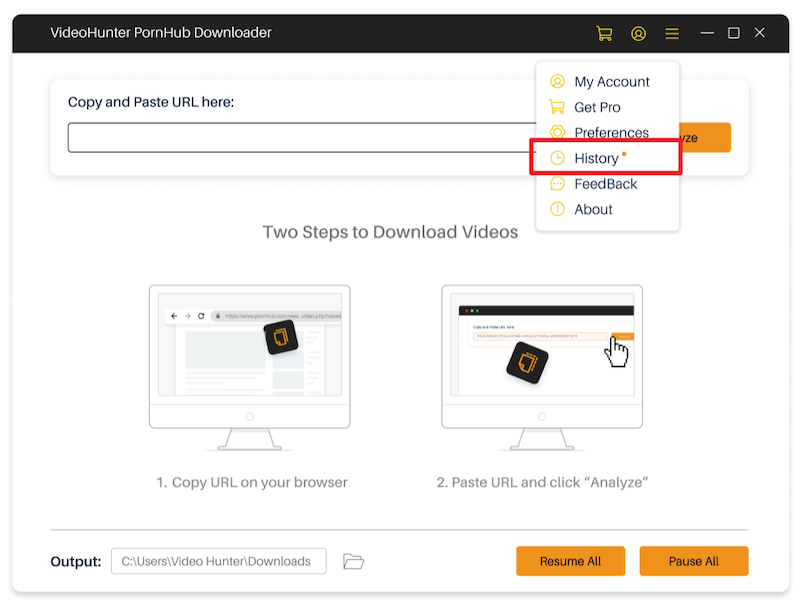 Accéder à l'historique des téléchargements dans Pornhub Downloader