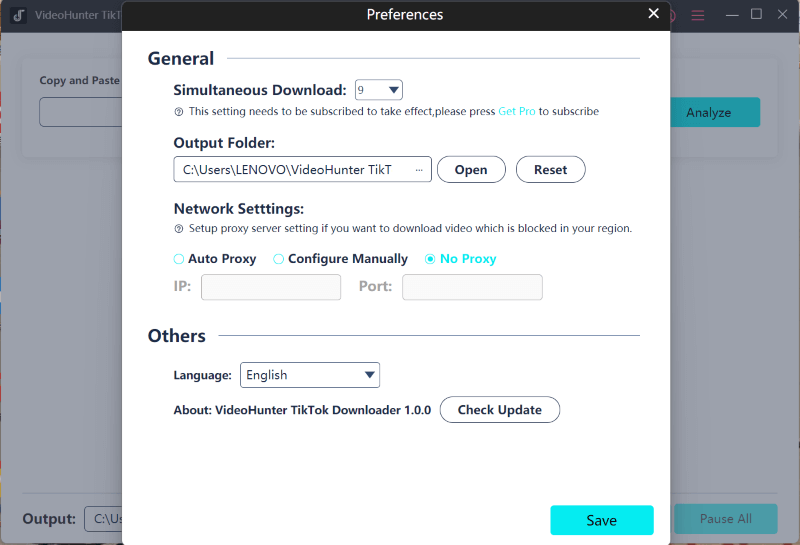 preferences interface tiktok downloader
