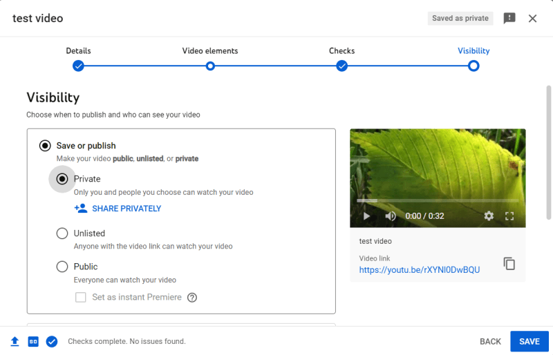 YouTube Studio Set YouTube Video Privacy